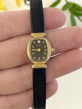 Vintage Caravelle Bulova Petite Gold Diamond Black Leather Dainty Barrel Watch